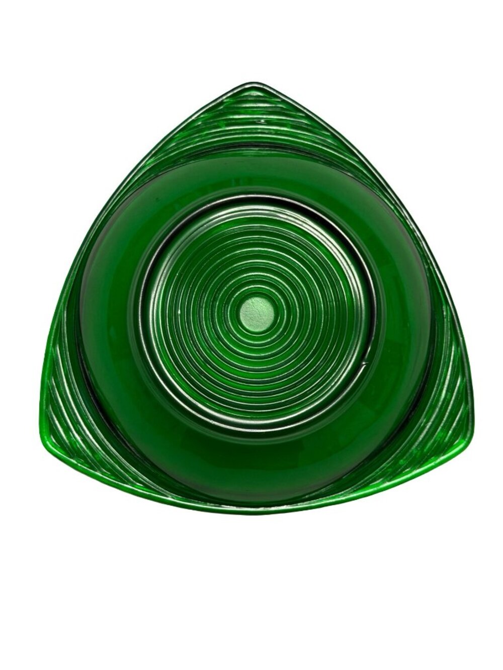 Vintage Green Glass Bowl 6” Triangular Shape Concentric Rings Mid Century Modern
